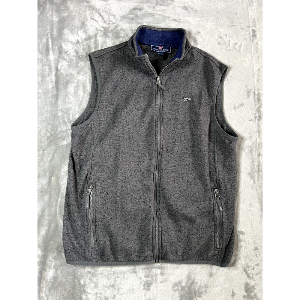 Vineyard Vines Mens Gray Fleece Vest Size M Full Zip Whale Logo Zip Pockets